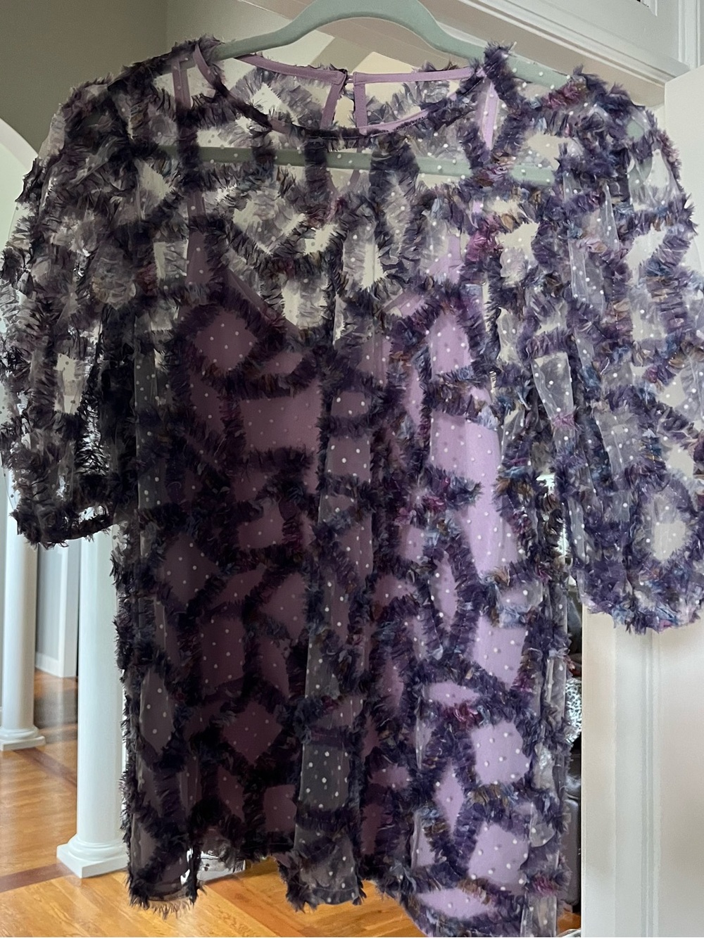 entro Lavender Sheer Fringe Polka Dot Blouse
